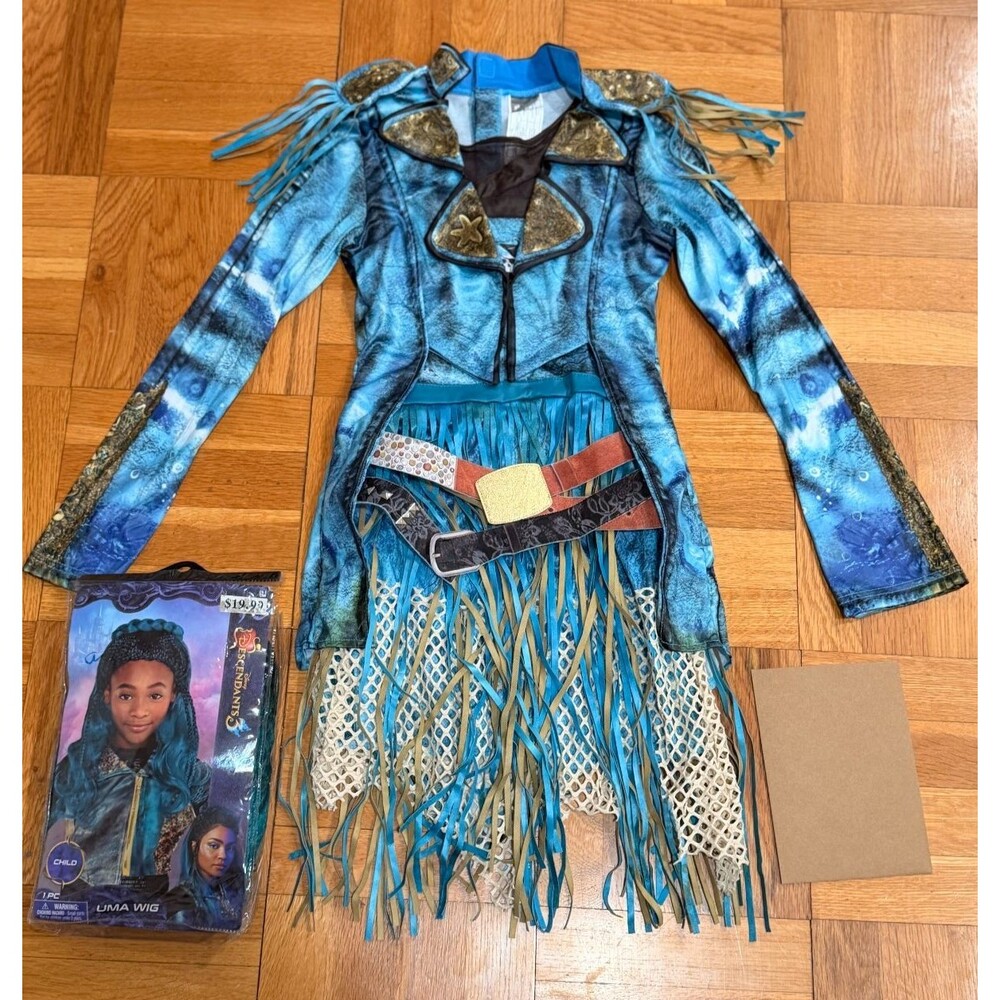 Disney Descendants 3 Uma Girls Pirate Costume Blue Fringe Outfit With Wig
